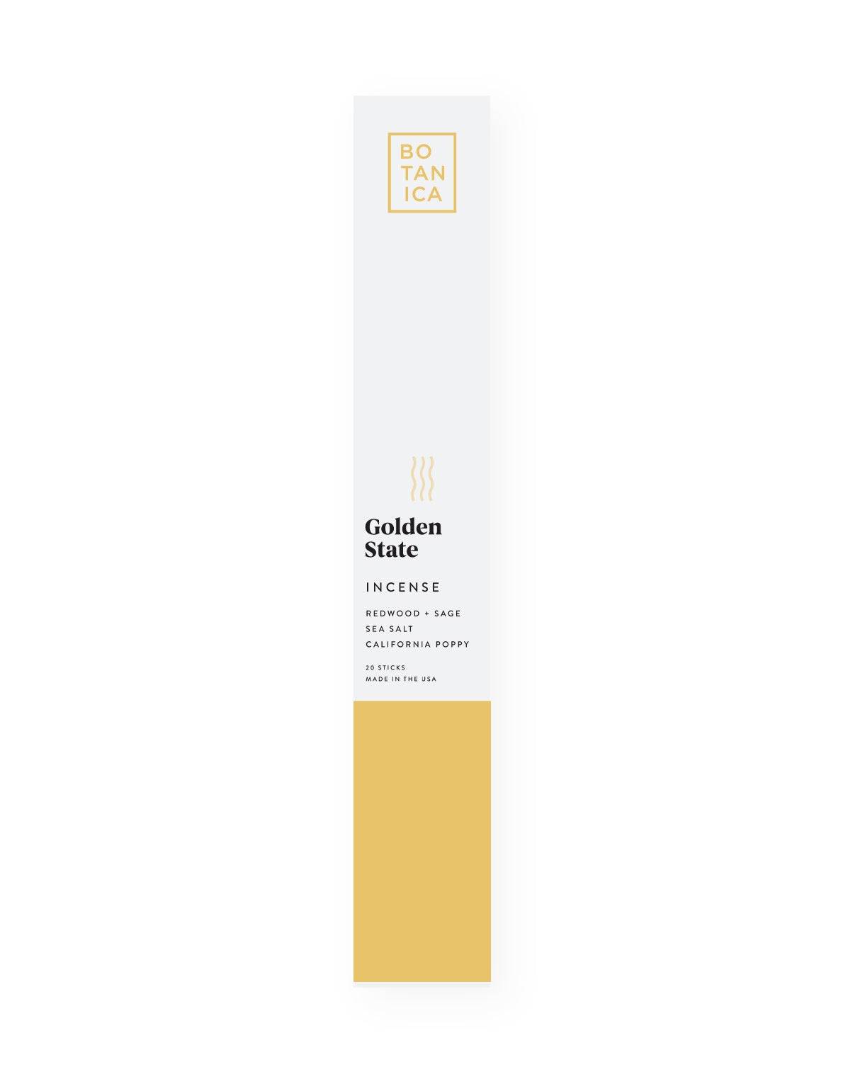 botanica golden state incense. Made with high-quality fragrance blends, plus essential oils for a long, balanced ritualistic experience–sure to make any dwelling feel like a luxurious retreat. Scent notes of California poppy, redwood, sage, and sea salt.