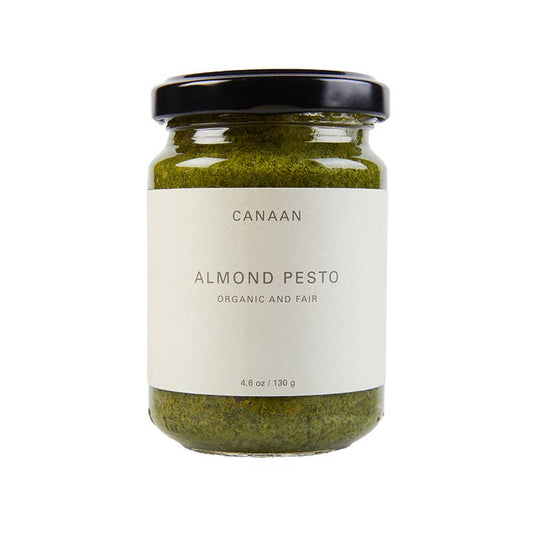 canaan almond pesto / Enjoy this delicious wholesome pesto as a spread, toss in pasta, or roast with chicken. Made with organic heirloom Palestinian almonds, & freshly picked basil. 