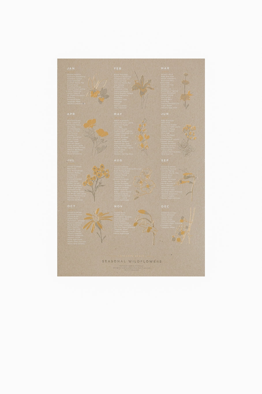 The California Native Wildflower Poster features 150 native species as they bloom each month. The poster features both prolific, common and rare species that are native specifically to the Central Coast and Bay Area. Great reference art that is both elegant and useful for your kitchen, dining room or kids room!