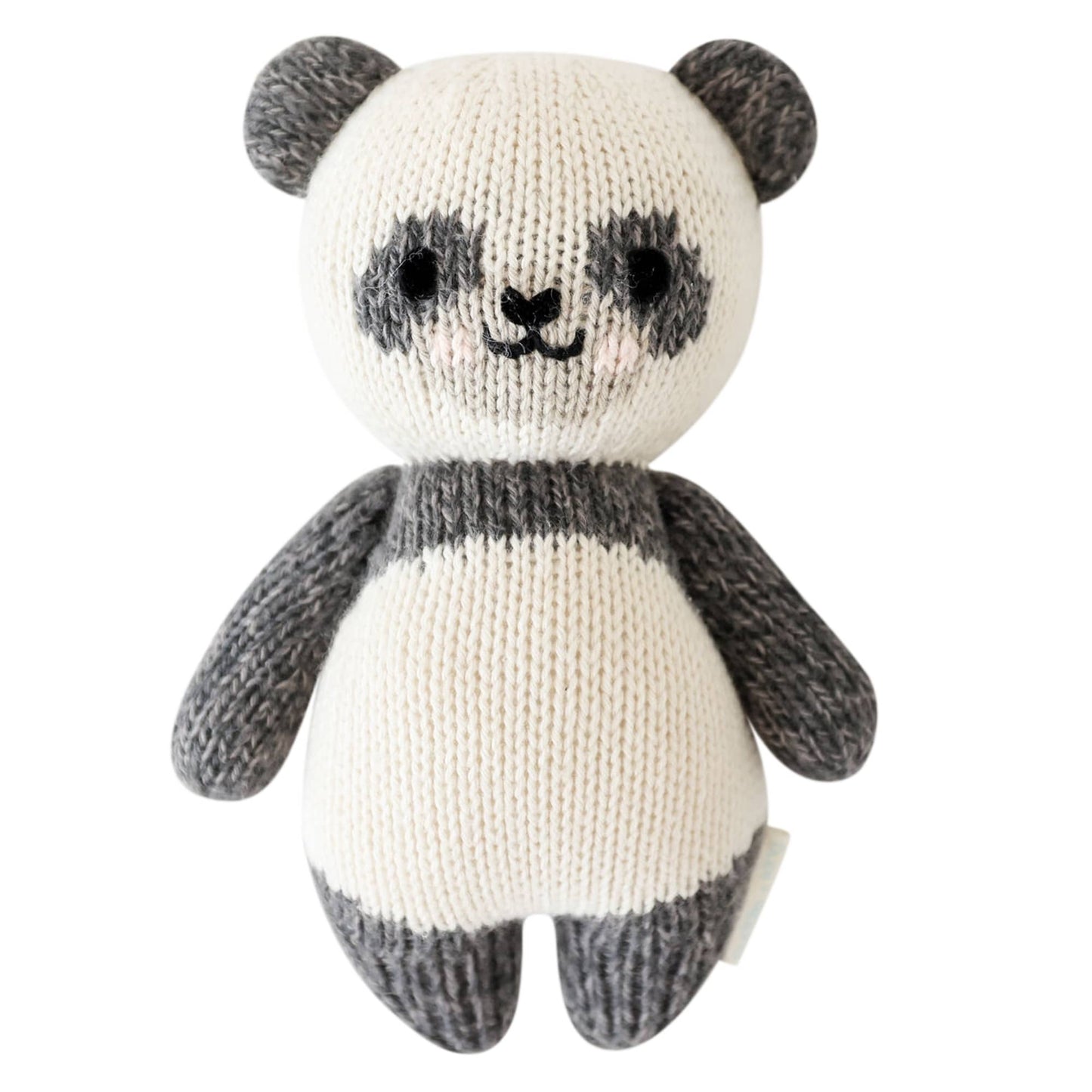 Knitted panda toy on a white background.
Absolutely adorable and oh so collectible! At an endearing 7” tall, our lovingly hand-knit baby animals are made with natural 100% cotton yarn and perfectly sized for little hands to grab and hold.

Every baby animal purchased provides 5 meals to children in need and empowers artisans in Peru and Nepal with fair trade income.