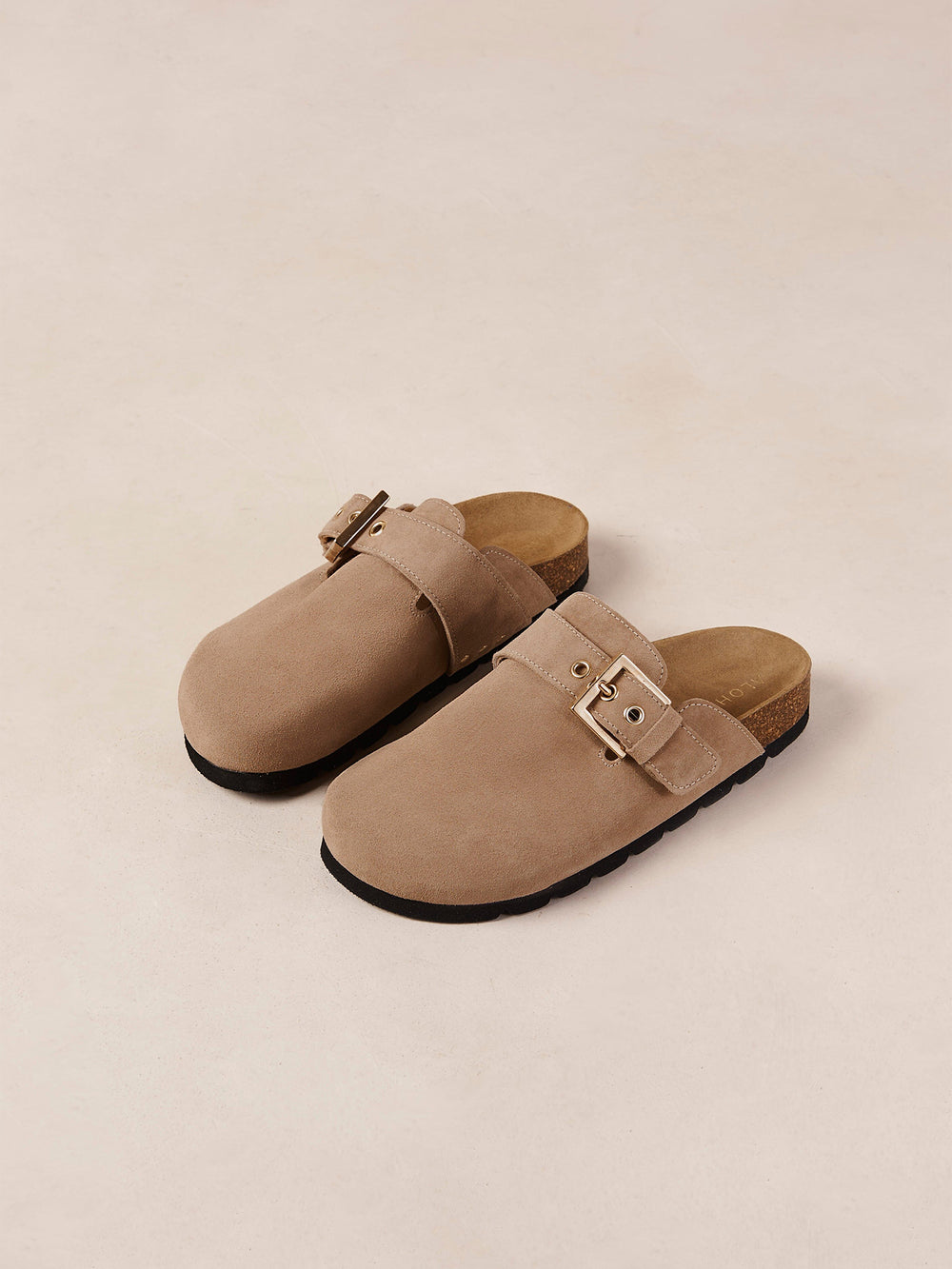 Alohas Cozy Suede Clogs in Taupe