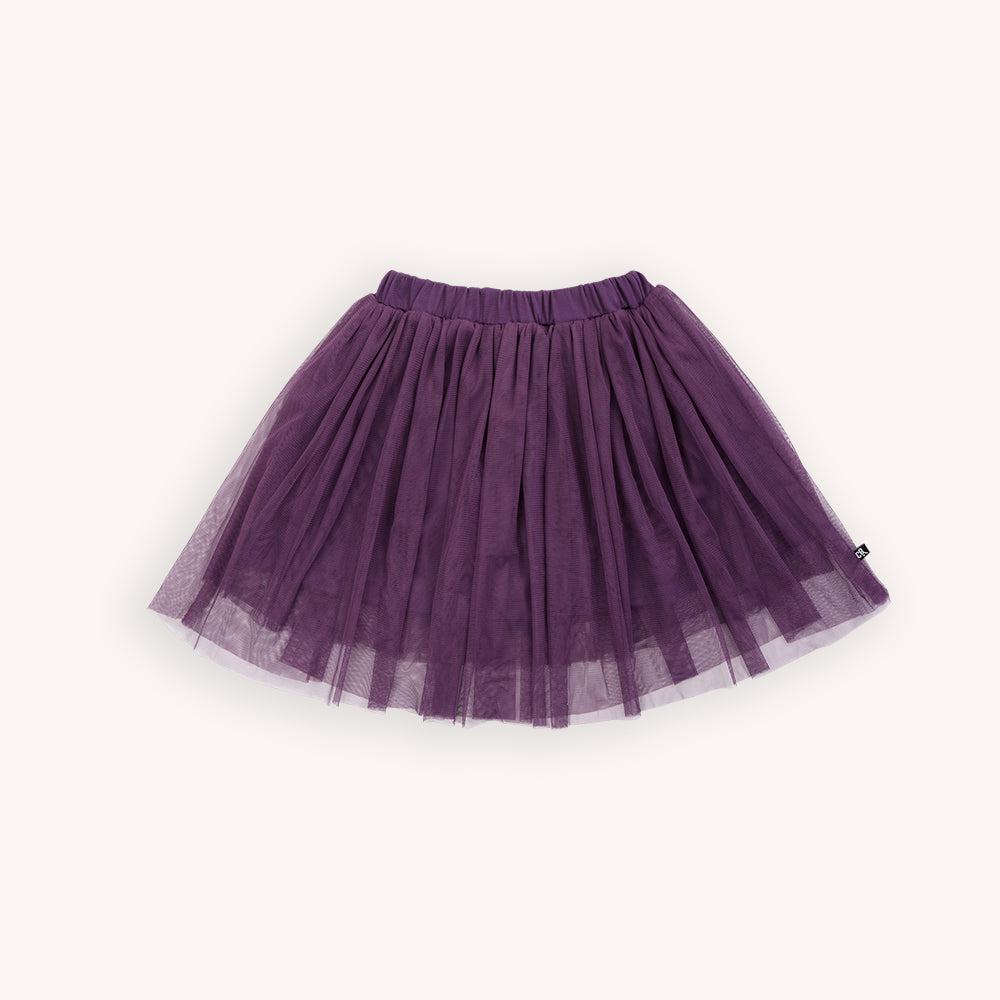 Dark purple tutu skirt made with 100% polyester. Ethically produced, colorful and fun with an eye towards comfort, style and joy. Modern and sustainable kids clothing by CarlijnQ of the Netherlands.
