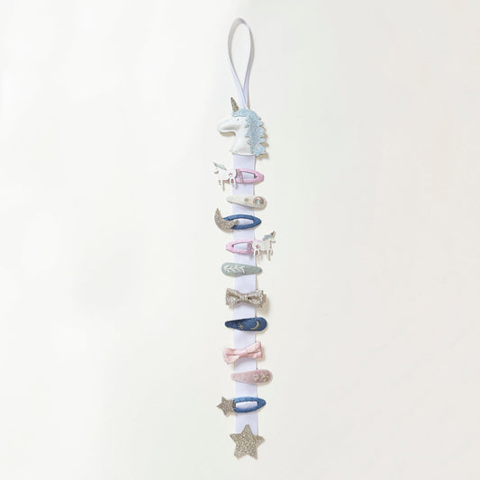 rockahula clip hanger unicorn / The perfect solution to storing and organizing hair clips in one place - included is a hanging loop that can be hung on a door or wall hook.  Simply snap on your clips ready to wear again next time!