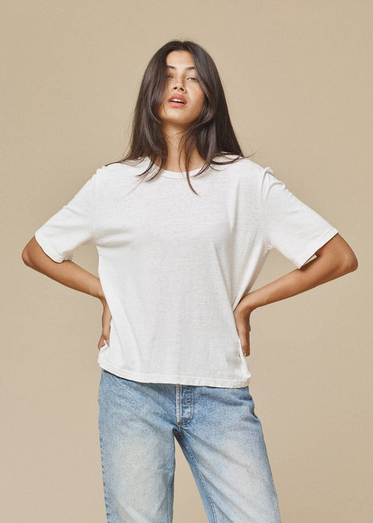 A classic, easy crop top that goes with anything and everything. Loose fitting, super soft hemp and organic cotton, we're sure it'll become a staple in your wardrobe! Sustainably made in Los Angeles.