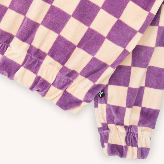 Purple and white checkered pullover hoodie made with 80% organic cotton. Ethically produced, colorful and fun with an eye towards comfort, style and joy. Modern and sustainable kids clothing by CarlijnQ of the Netherlands.