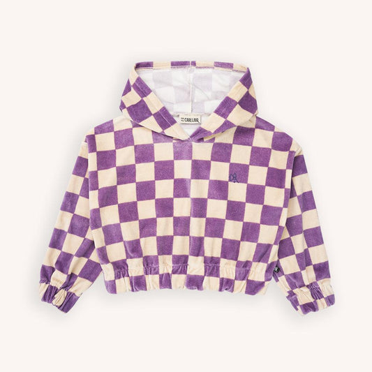 Purple and white checkered pullover hoodie made with 80% organic cotton. Ethically produced, colorful and fun with an eye towards comfort, style and joy. Modern and sustainable kids clothing by CarlijnQ of the Netherlands.