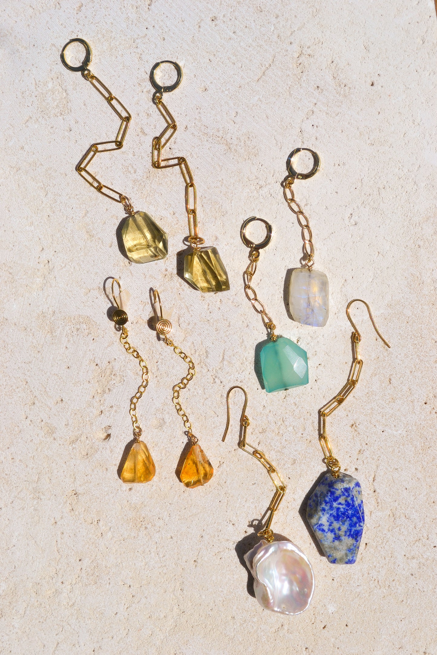 Chunky lemon quartz drop earrings on gold fill paper clip chains on hinge back hoops. Designed in California by Carrie Marill and made by hand in her SoCal studio.