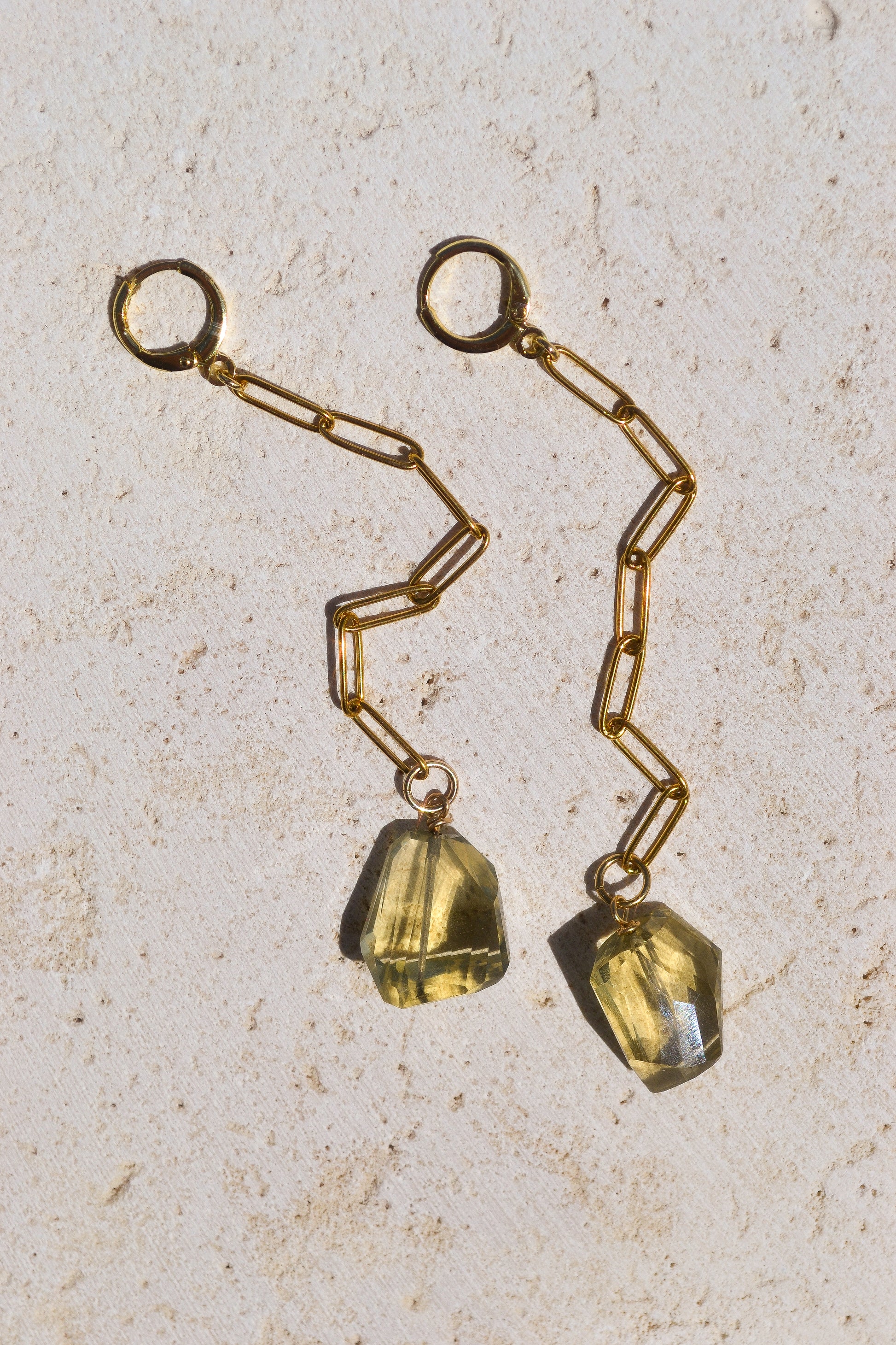 Chunky lemon quartz drop earrings on gold fill paper clip chains on hinge back hoops. Designed in California by Carrie Marill and made by hand in her SoCal studio.