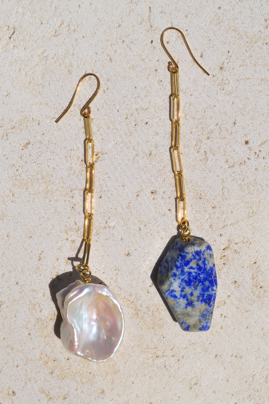 Mismatch sodalite & pearl drop earrings on paper clip chains. Designed in California by Carrie Marill and made by hand in her SoCal studio.
