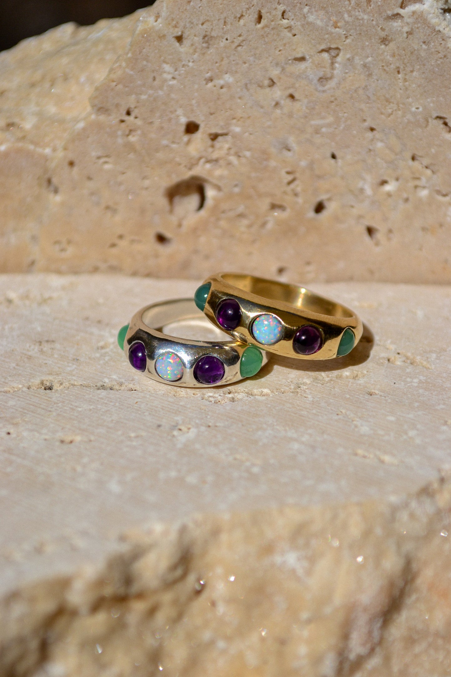 Bold and beautiful, the confetti ring is the life of the party. Featuring an assortment of genuine stones - teal chrysoprase, purple iolite, and sparkly opal
