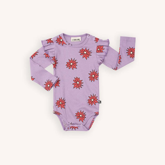 Purple long sleeved bodysuit with a red flower print made with 95% organic cotton. Ethically produced, colorful and fun with an eye towards comfort, style and joy. Modern and sustainable kids clothing by CarlijnQ of the Netherlands.