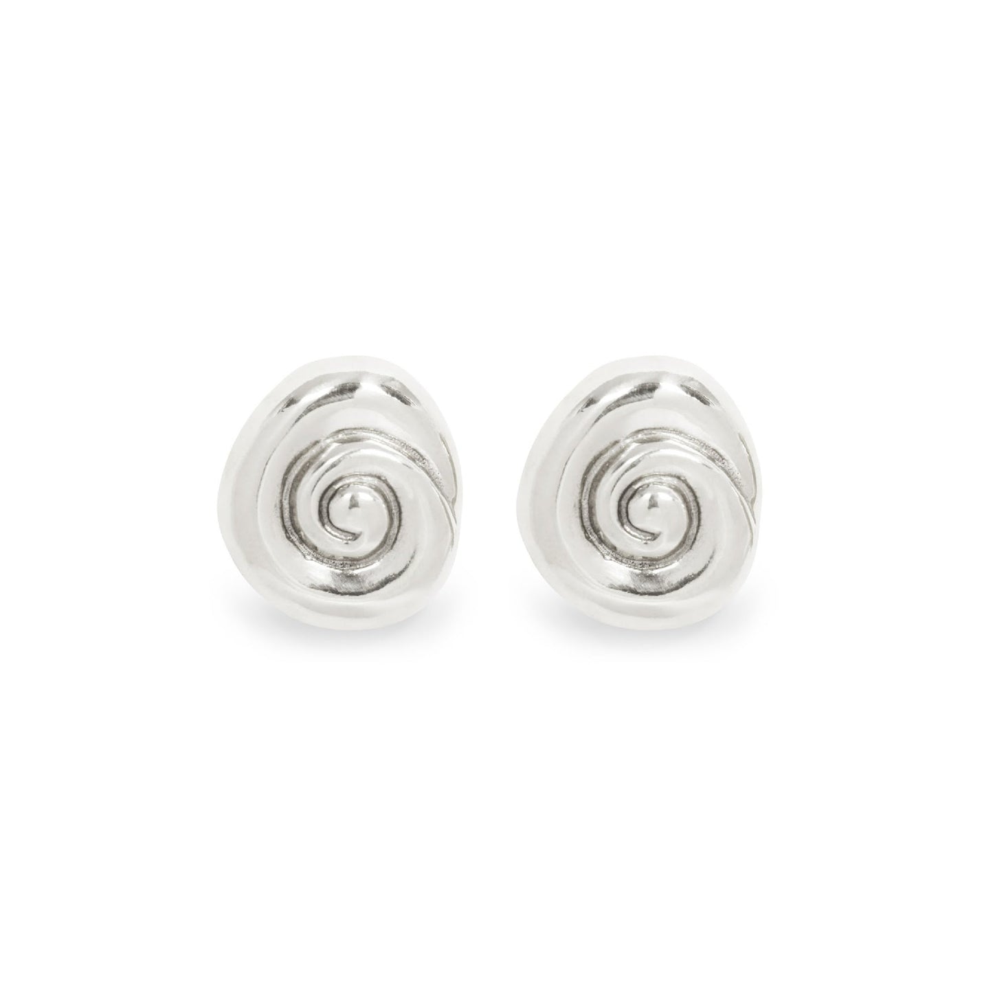 Pair of silver spiral earrings on a white background. Amanda Hunt Compass Earrings
