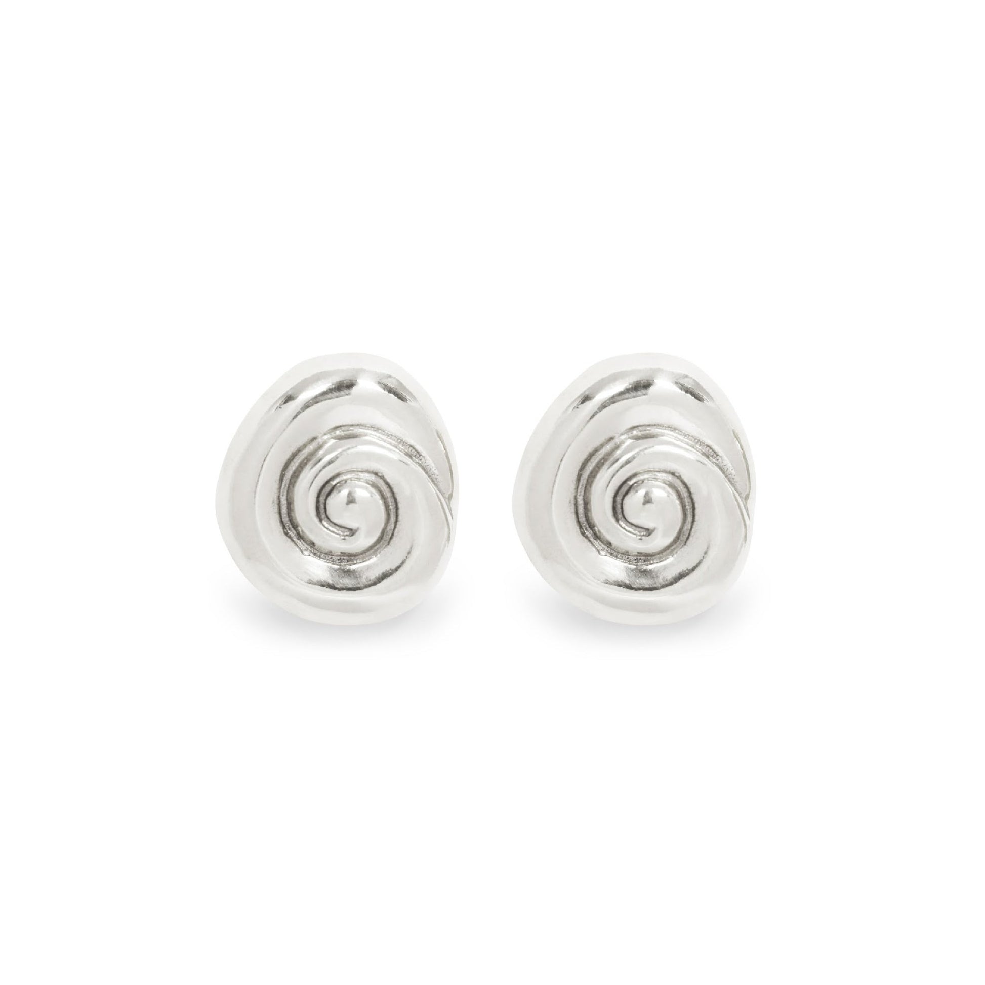 Pair of silver spiral earrings on a white background. Amanda Hunt Compass Earrings