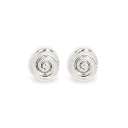 Pair of silver spiral earrings on a white background. Amanda Hunt Compass Earrings