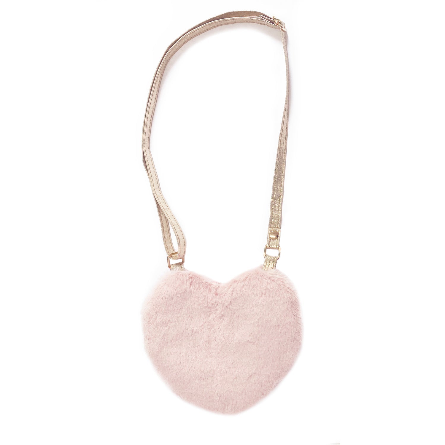 rockahula pink love heart bag / This sweet fluffy cross body bag is the perfect size to stash all of your accessories. Made from super soft pink faux fur, in the cutest heart shape. With a magnetic dot closure, full lining and an adjustable gold strap with a break point for safety.