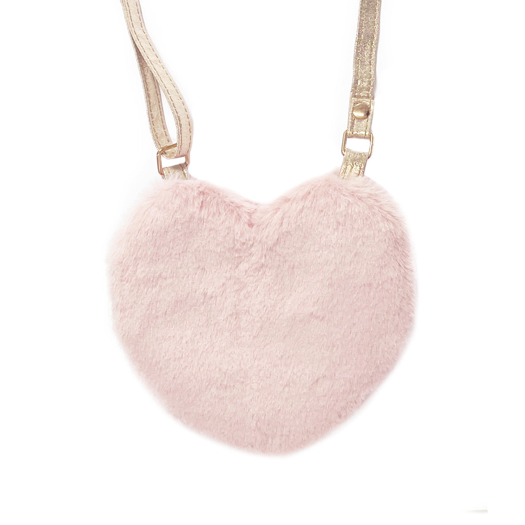 rockahula pink love heart bag / This sweet fluffy cross body bag is the perfect size to stash all of your accessories. Made from super soft pink faux fur, in the cutest heart shape. With a magnetic dot closure, full lining and an adjustable gold strap with a break point for safety.