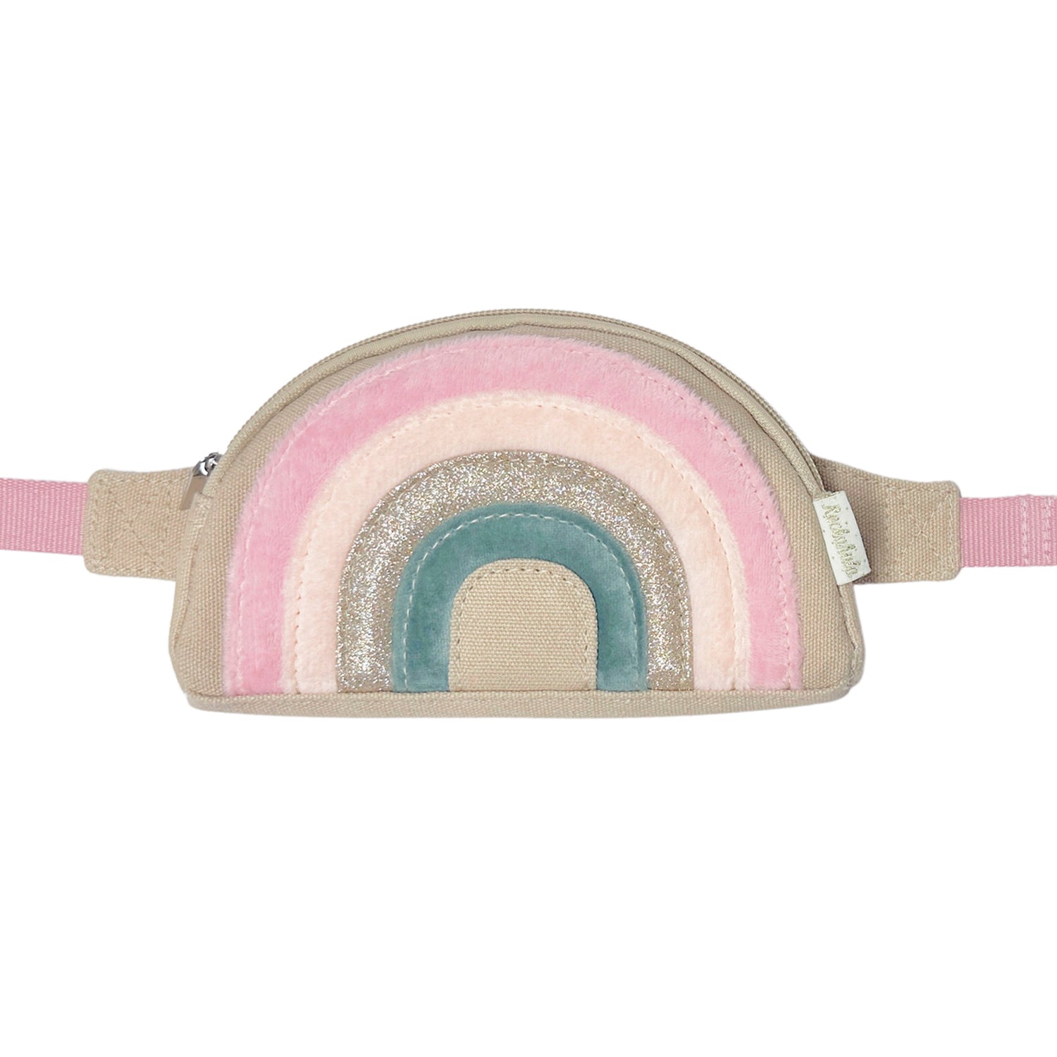Shimmer and shine with this gorgeous bum bag! In a palette of pastels with shimmering gold glitter and soft velvet, this sweet bag is fully lined with foil printed star fabric, a zip closure, adjustable strap and belt loop. / rainbow bum bag rockahula