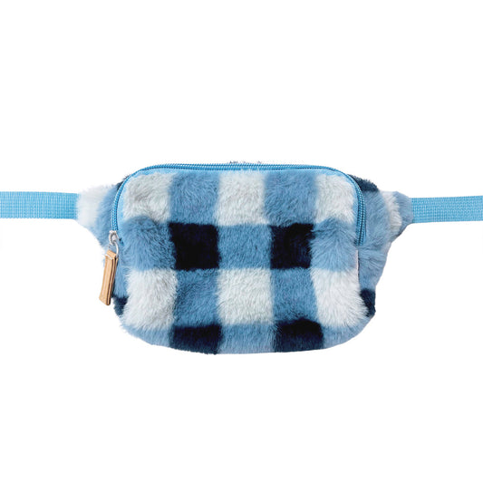 rockahula furry checked bum bag / This super soft furry check bum bag is made in the softest faux fur and is fully fleece lined for extra cosiness! With a zip closure and an adjustable webbing waist strap and belt loop