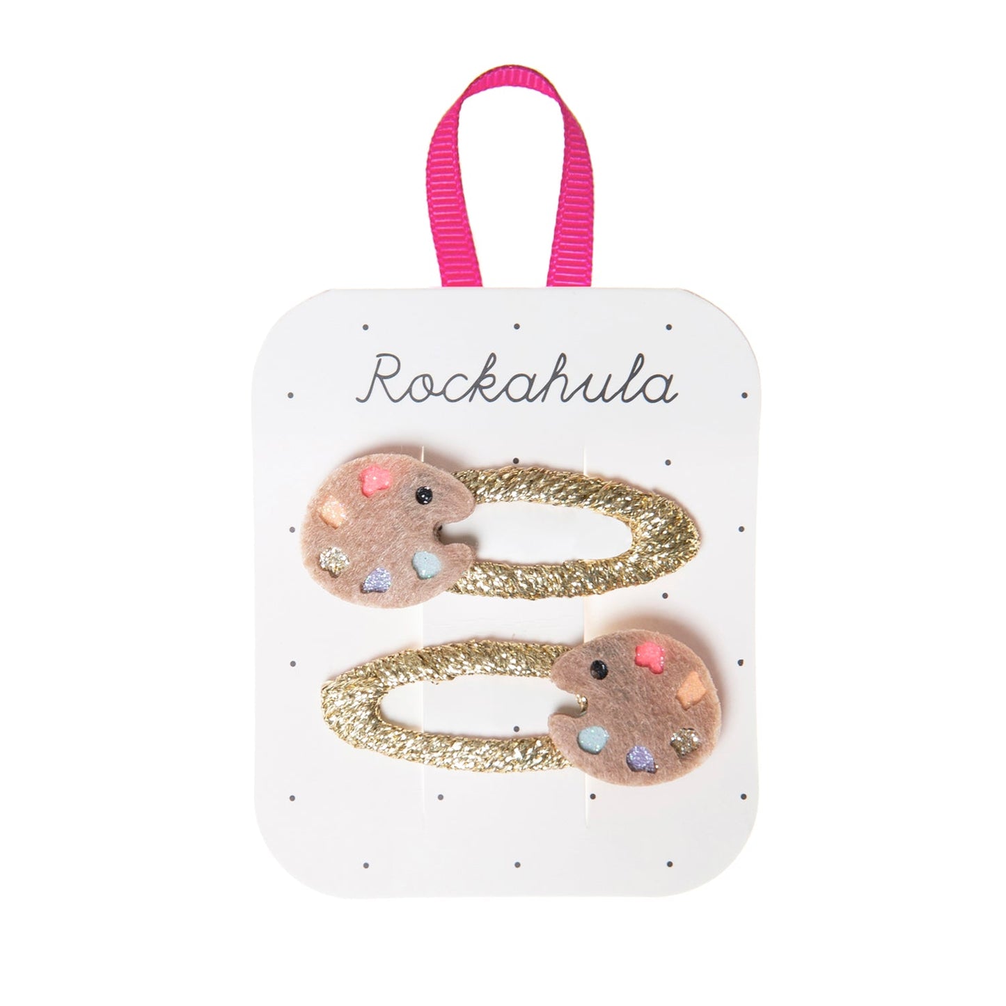 rockahula Our artist palette clips are perfect for little budding artists! Each clip features a little palette with five glittering paint colours, set onto a glittering gold grosgrain ribbon wrapped snap clip. 