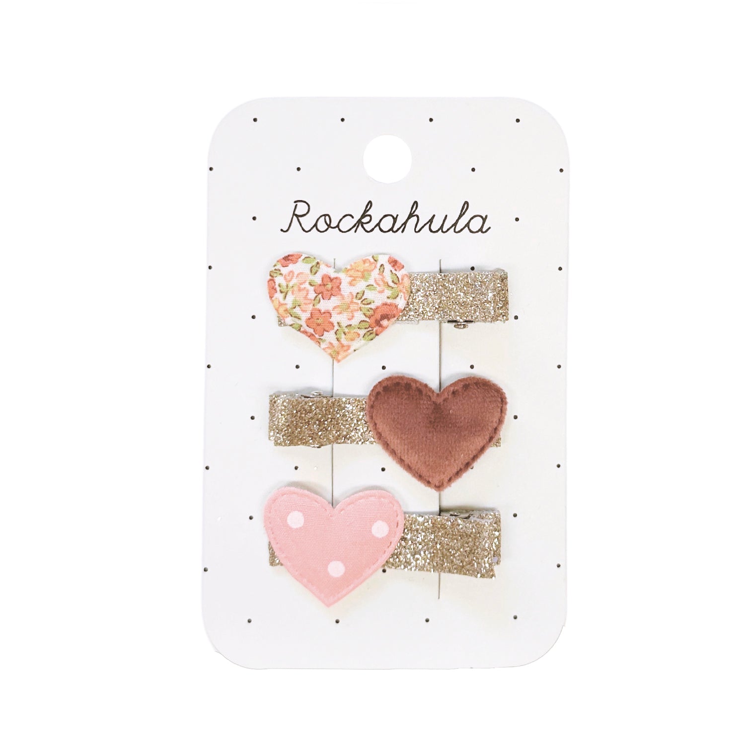 rockahula heart bar hair clips / Feel the love with this sweet set of heart bar clips in this neutral colour palette. Featuring three hearts in floral print, a spotty pink fabric and dusky velvet!