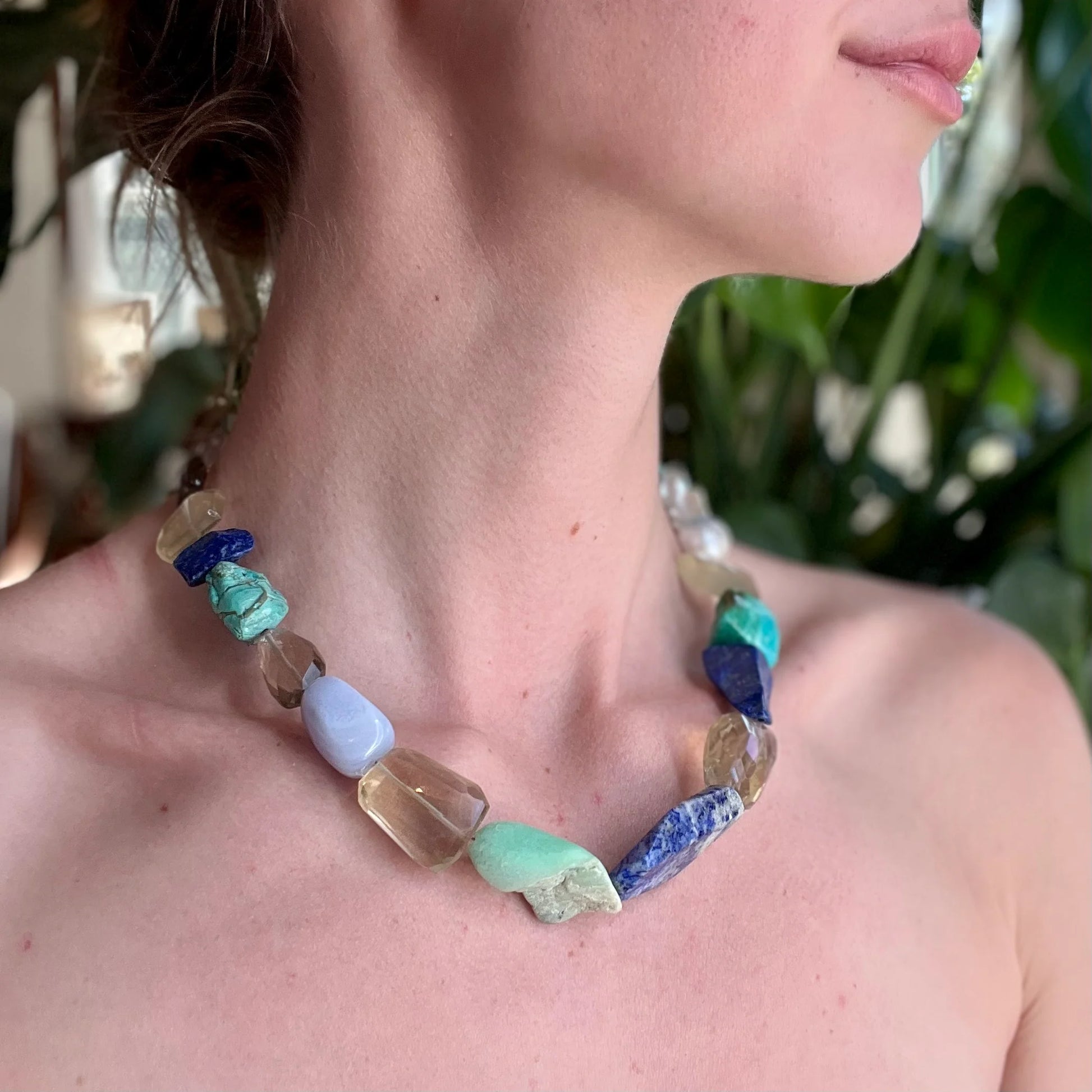 Aphrodite - water goddess born from the ocean, a symbol of passion, beauty &amp; pleasure. From of the Dug from the Earth Collection ~ chunky statement necklaces featuring semi precious stones intentionally paired to supercharge your aura. Designed in California by Carrie Marill and made by hand in her SoCal studio.