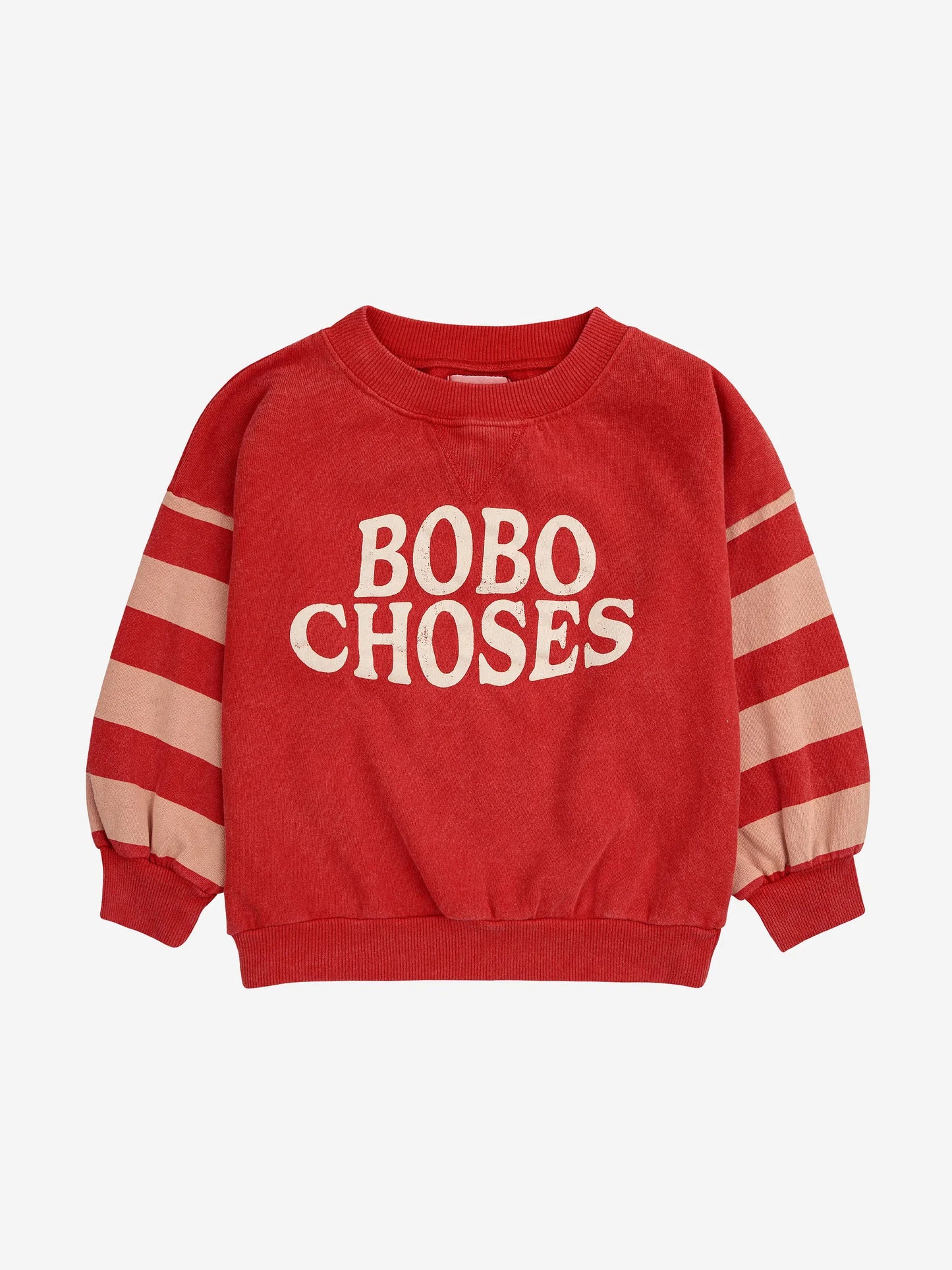 100% organic cotton red sweatshirt with striped sleeves & Bobo Choses decal.