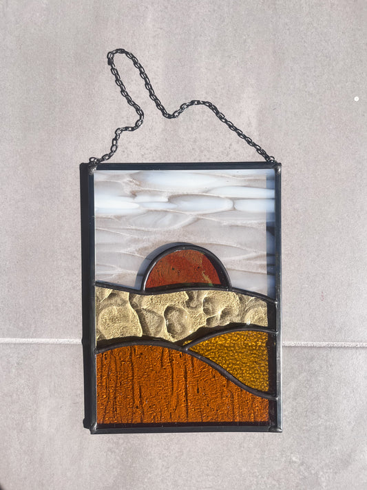 Handmade stained glass pendant with three elements attached by a silver chain. You can hang this panel in a window, on the wall as decor or even an outside patio. Custom made for Thread Spun by Culotta Creations.