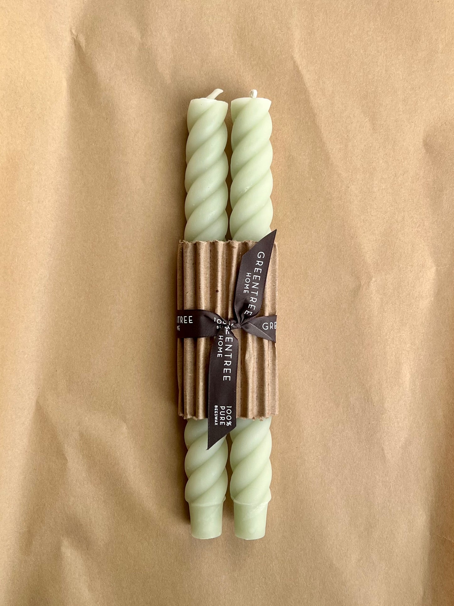 greentree home candle / An elegant and playful twist on the classic taper. Set of 2, 100% pure North American beeswax candles. Each candle is hand poured and individually finished in New York State. celadon