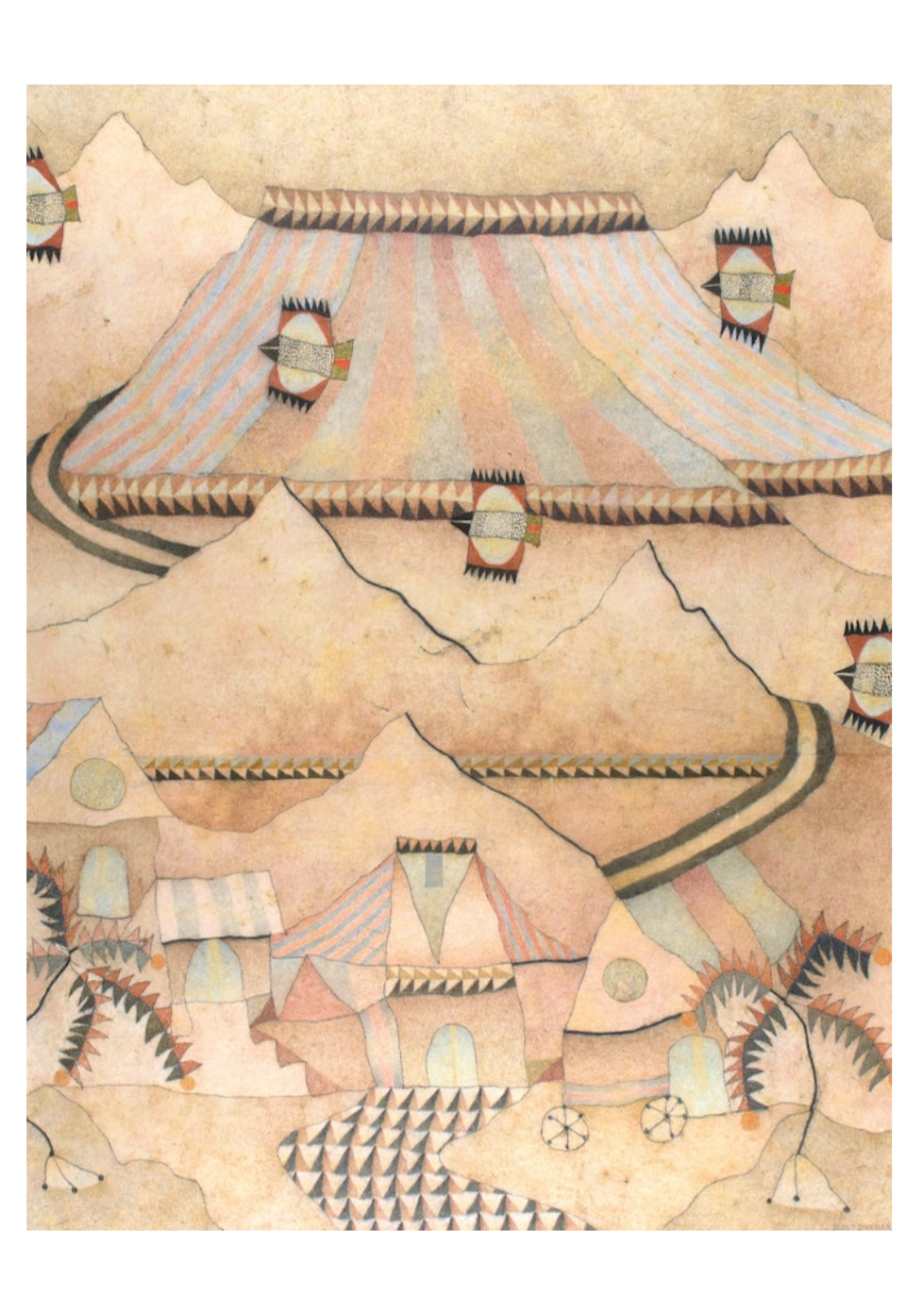 Abstract art piece with geometric shapes and patterns on a beige background by artist Scout Dunbar