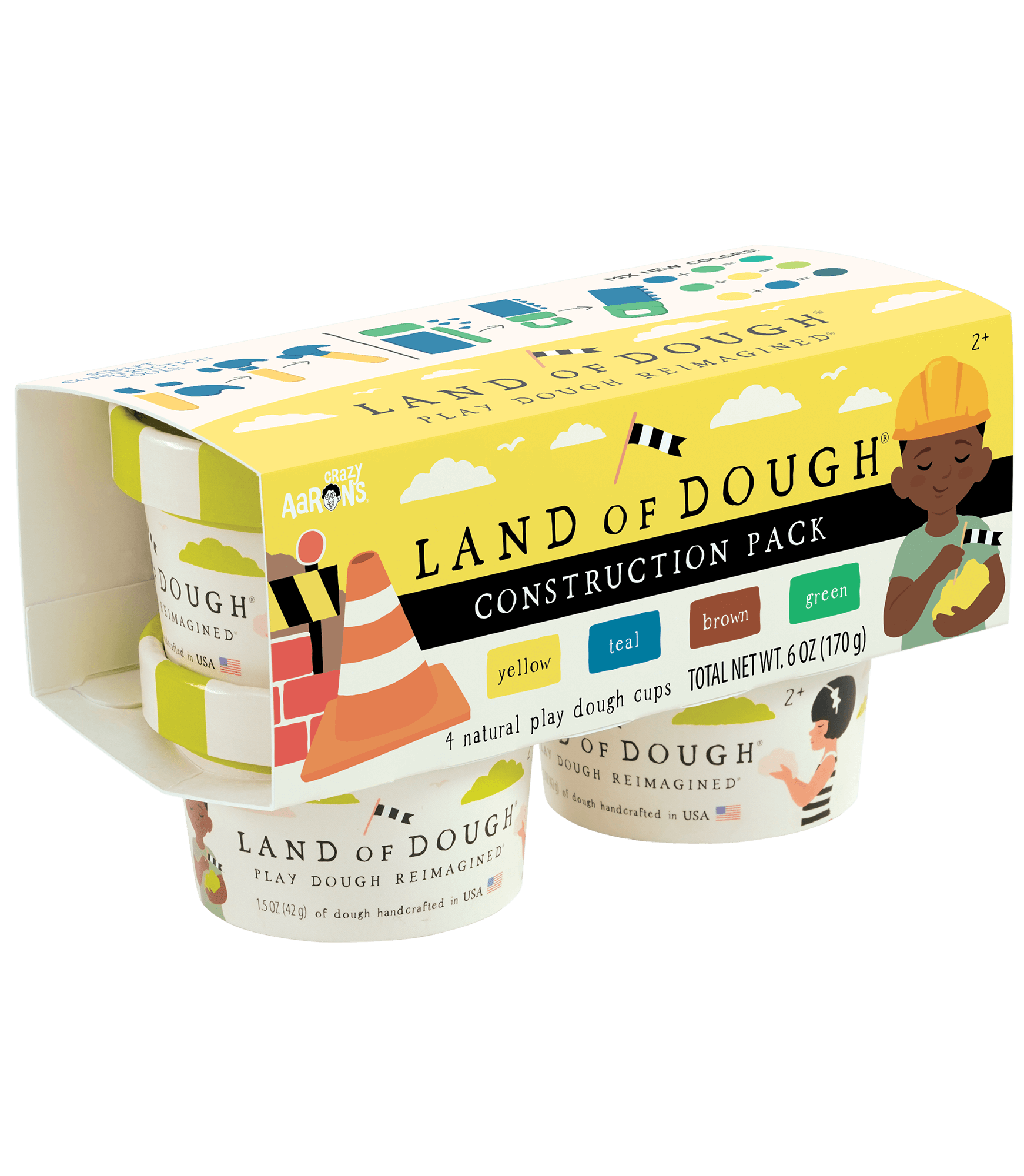 Heavy-duty imagination! Land of Dough® Construction pack includes 4 colors to mix, shape, and create. This dough set has all the right tools to build the next big project.  Land of Dough® is made of all-natural dough and colors, compostable glitters, and calming essential oils in eco-friendly packaging. 