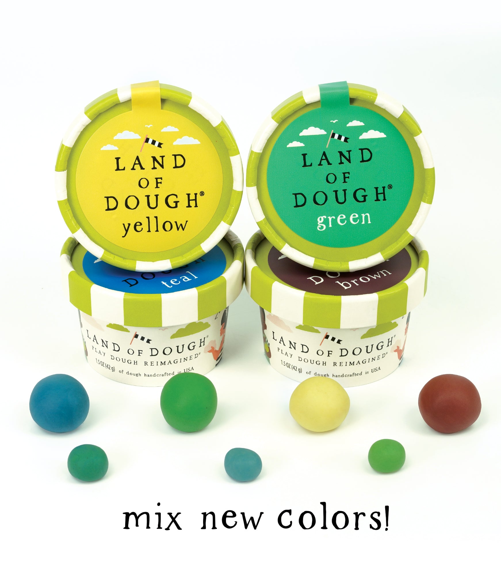 Heavy-duty imagination! Land of Dough® Construction pack includes 4 colors to mix, shape, and create. This dough set has all the right tools to build the next big project.  Land of Dough® is made of all-natural dough and colors, compostable glitters, and calming essential oils in eco-friendly packaging. 