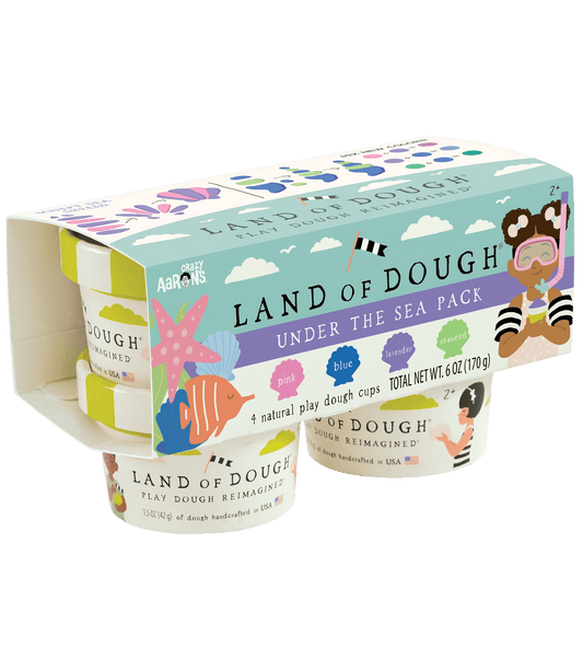 Follow the rainbow! Land of Dough® Rainbow pack includes 4 colors to mix, shape, and create. This brightly colored dough will make little creators shine.   Land of Dough® is made of all-natural dough and colors, compostable glitters, and calming essential oils in eco-friendly packaging.