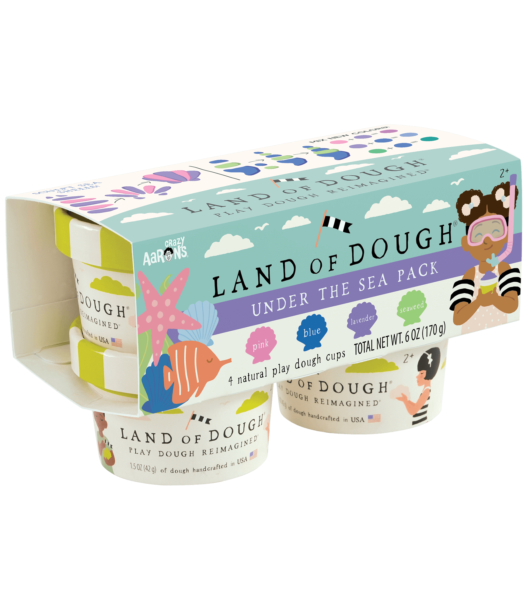Follow the rainbow! Land of Dough® Rainbow pack includes 4 colors to mix, shape, and create. This brightly colored dough will make little creators shine.   Land of Dough® is made of all-natural dough and colors, compostable glitters, and calming essential oils in eco-friendly packaging.