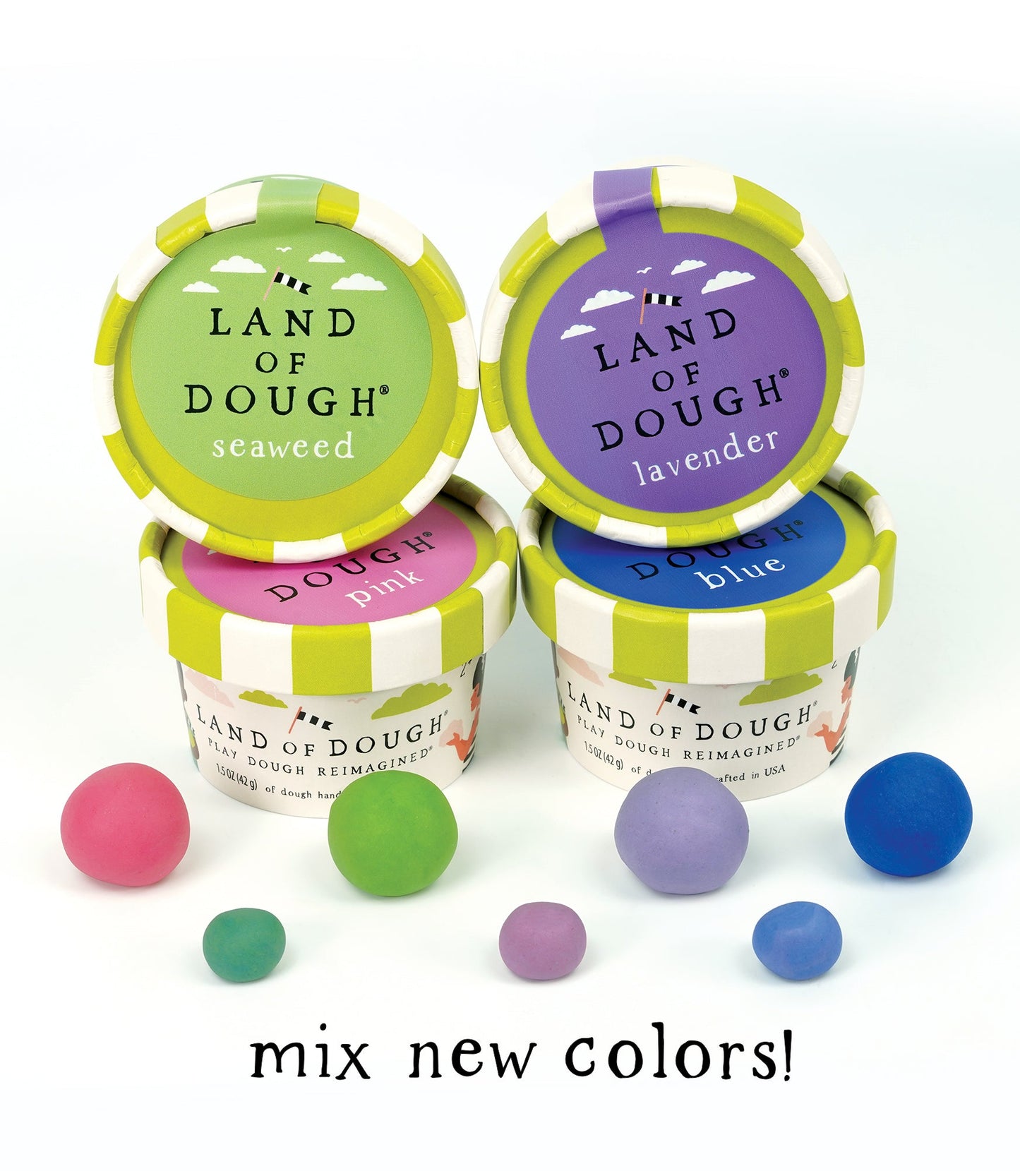 Follow the rainbow! Land of Dough® Rainbow pack includes 4 colors to mix, shape, and create. This brightly colored dough will make little creators shine.   Land of Dough® is made of all-natural dough and colors, compostable glitters, and calming essential oils in eco-friendly packaging.