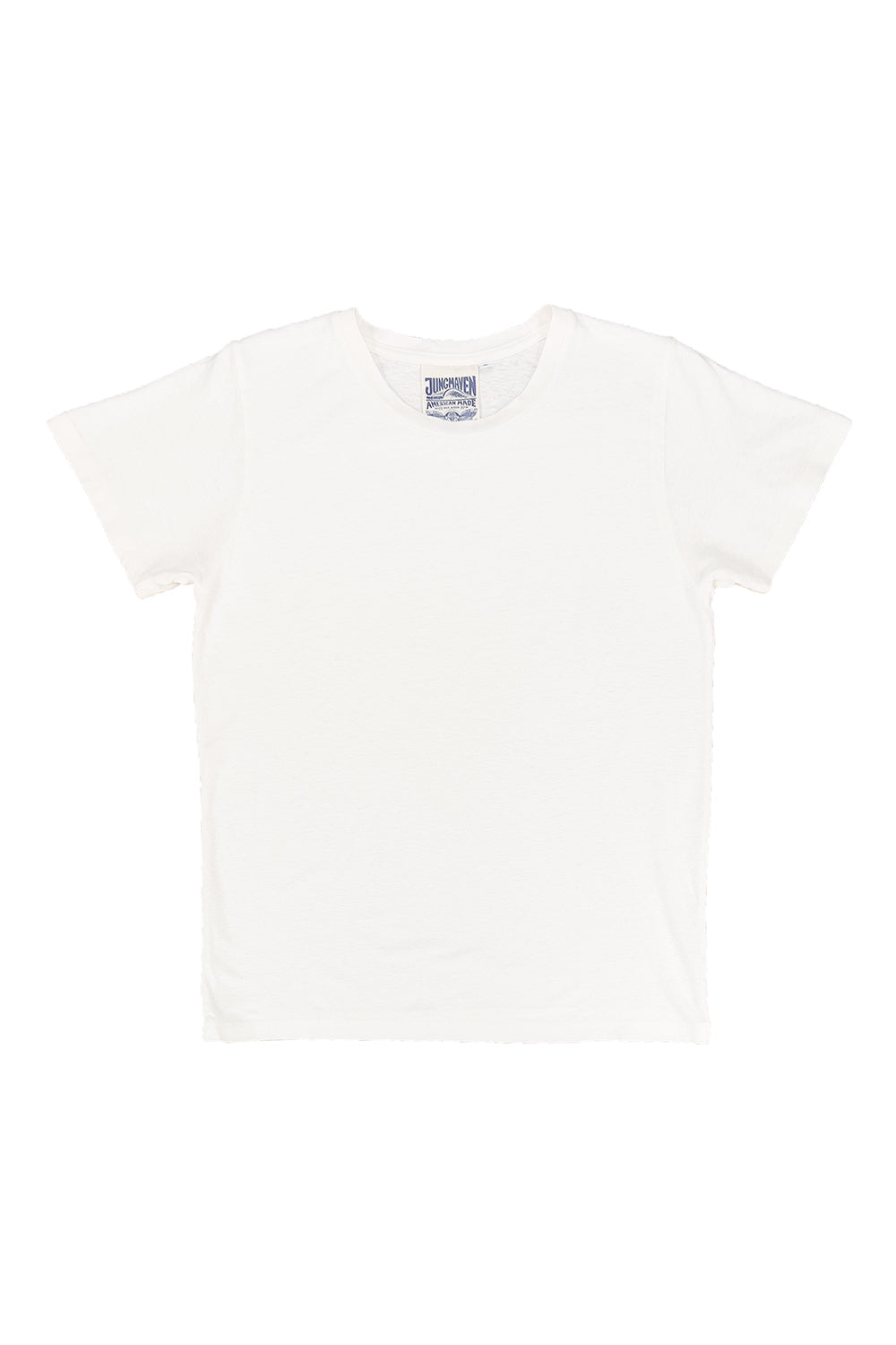 Hemp and cotton blend tee. Light-weight, vintage shape with subtle texture. Wide, open neck with a roomy shoulder and capped sleeves. Jungmaven tees form to the way you live and move in them and they get better with age.