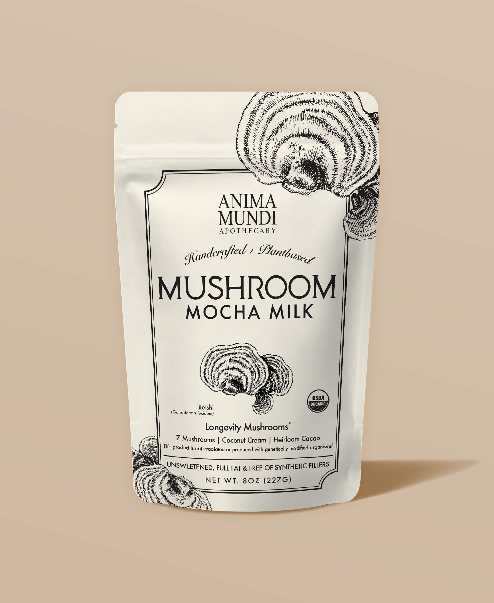 Mushroom Mocha Milk package by Anima Mundi on a beige background