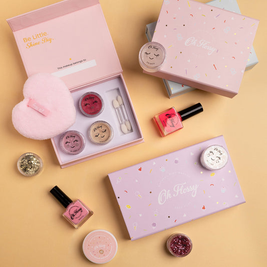 A gorgeous makeup kit for little ones who love to dress up and play - and for parents who want to protect their skin from harsh grown up products. Includes 2 eyeshadows, 1 lipstick, 1 blush & 2 applicators, packaged in a magnetic box for easy gifting. Free from talc, parabens, fragrances, nano-particles, phthalates. / oh flossy australia