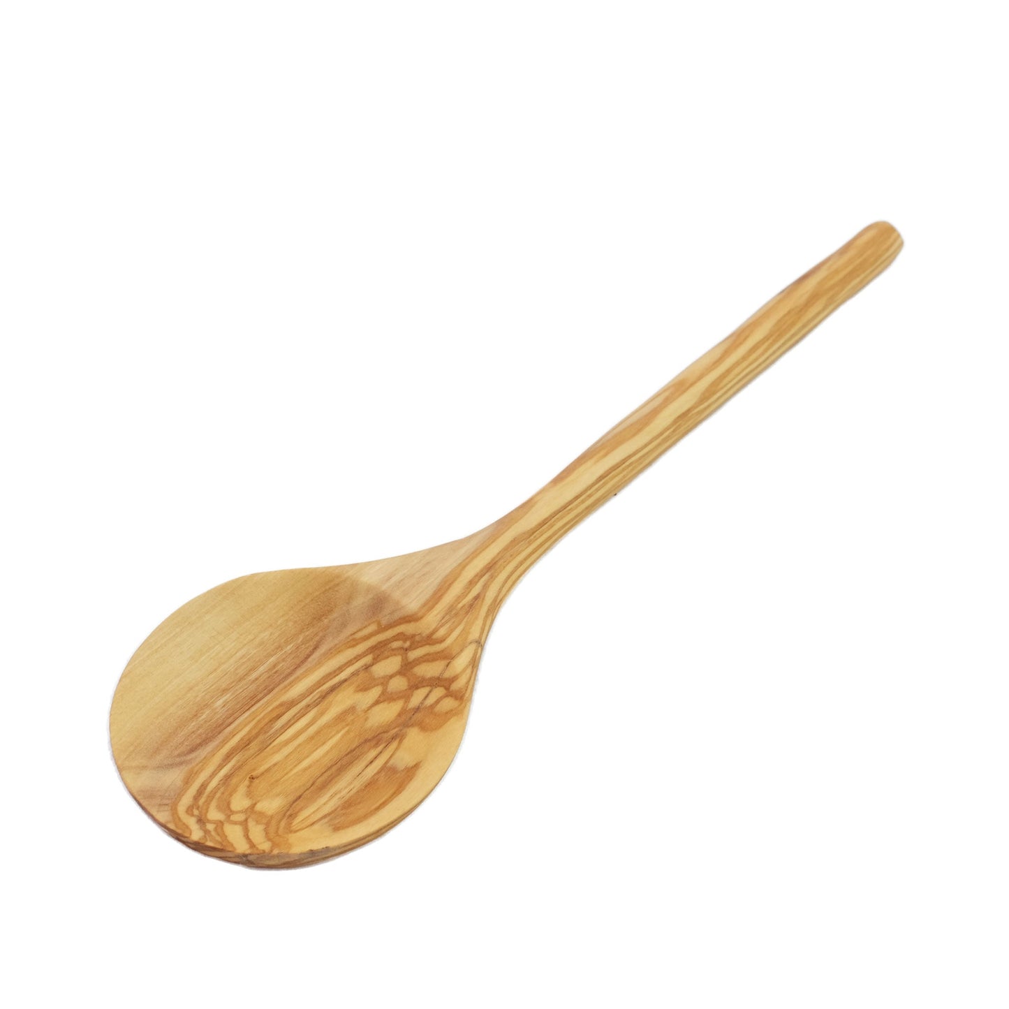 Handmade and ethically made olive wood serving spoon made in Tunisia. Each olive wood piece has a unique luster from the natural grain of the wood, easily maintained with food safe oil.