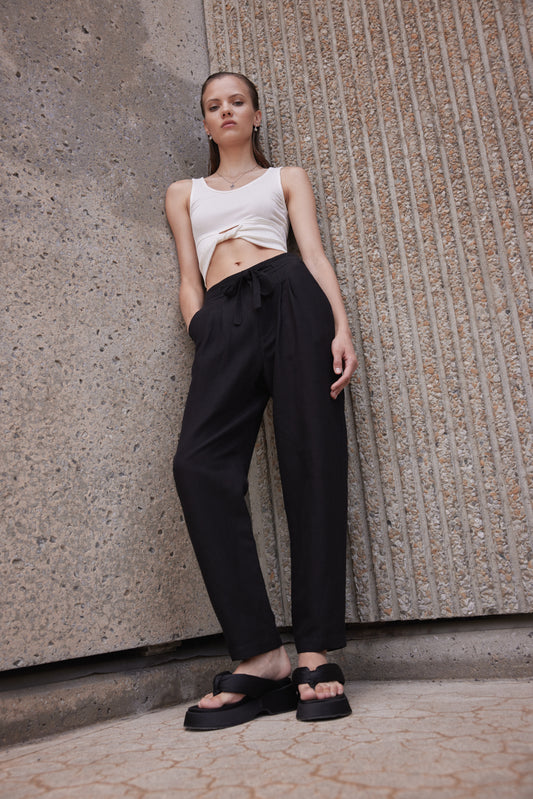 Straight cut trousers with a drop crotch for a fun take on a dress pant.