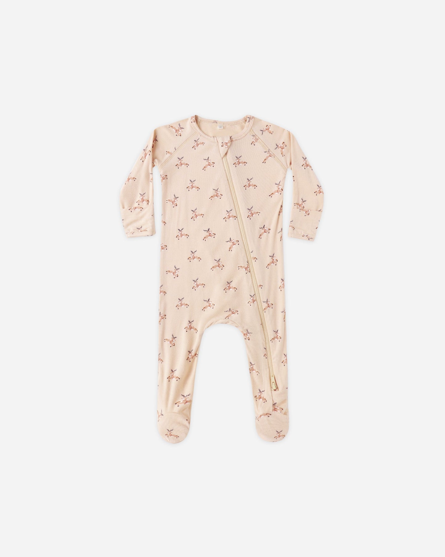 Baby onesie with reindeer pattern on a white background / quincy mae reindeer bamboo footie