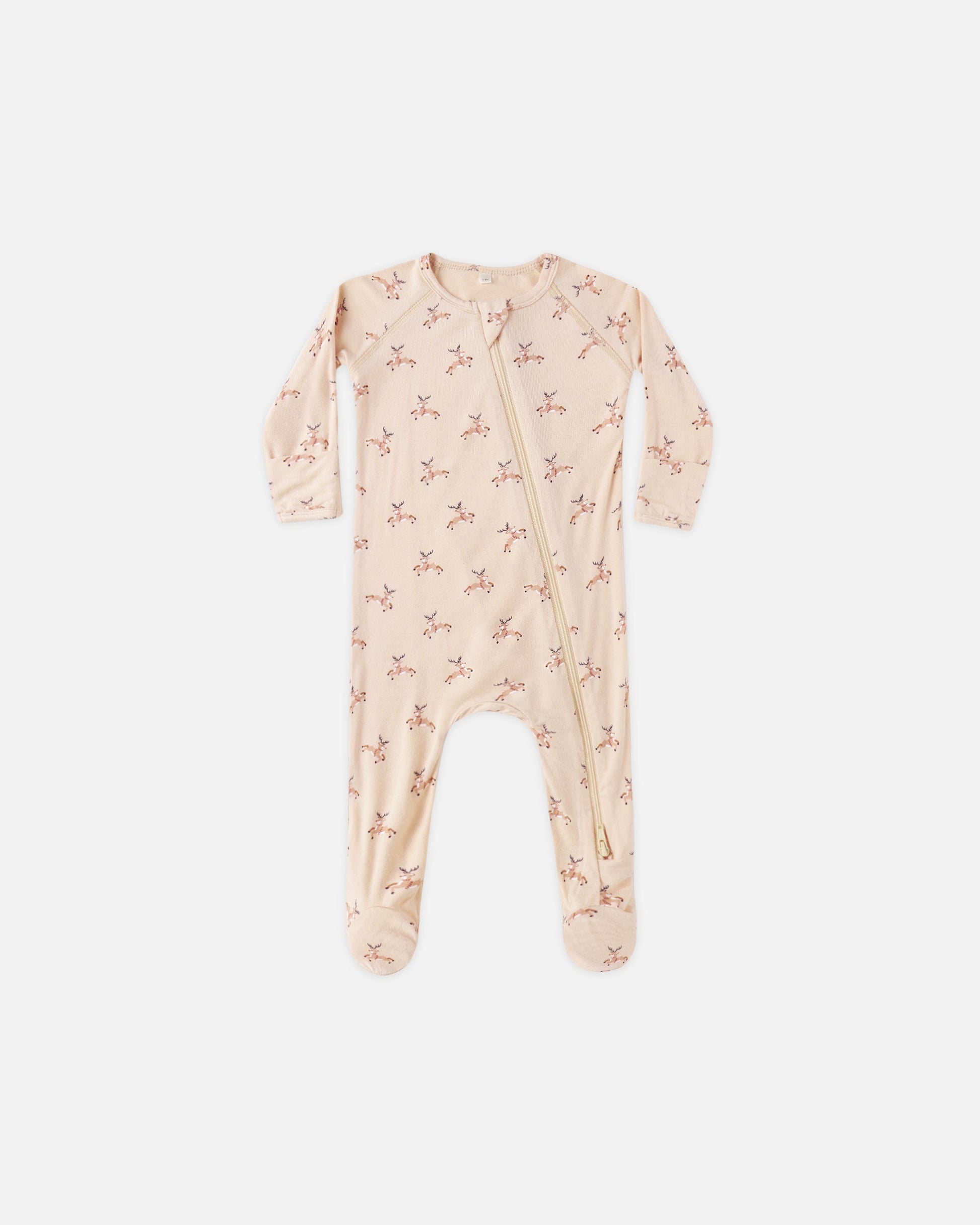 Baby onesie with reindeer pattern on a white background / quincy mae reindeer bamboo footie