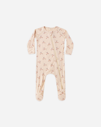 Baby onesie with reindeer pattern on a white background / quincy mae reindeer bamboo footie