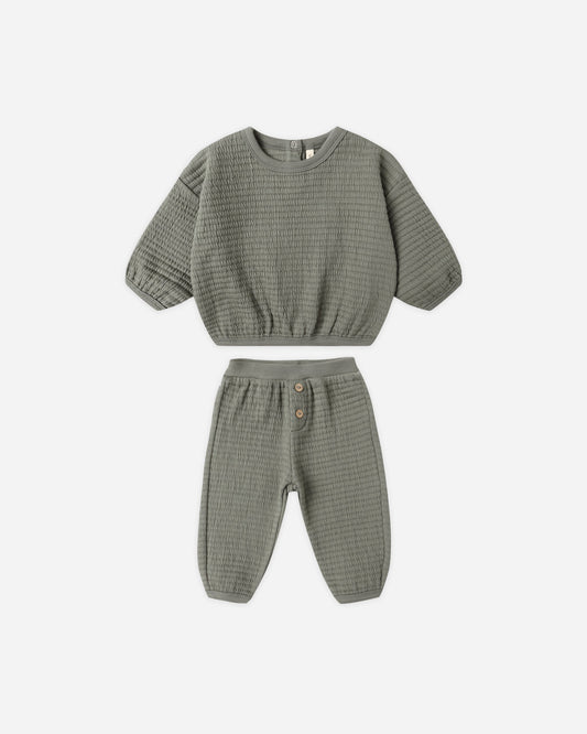 Green checkered outfit with top and pants on a white background. quincy mae textured sweat set