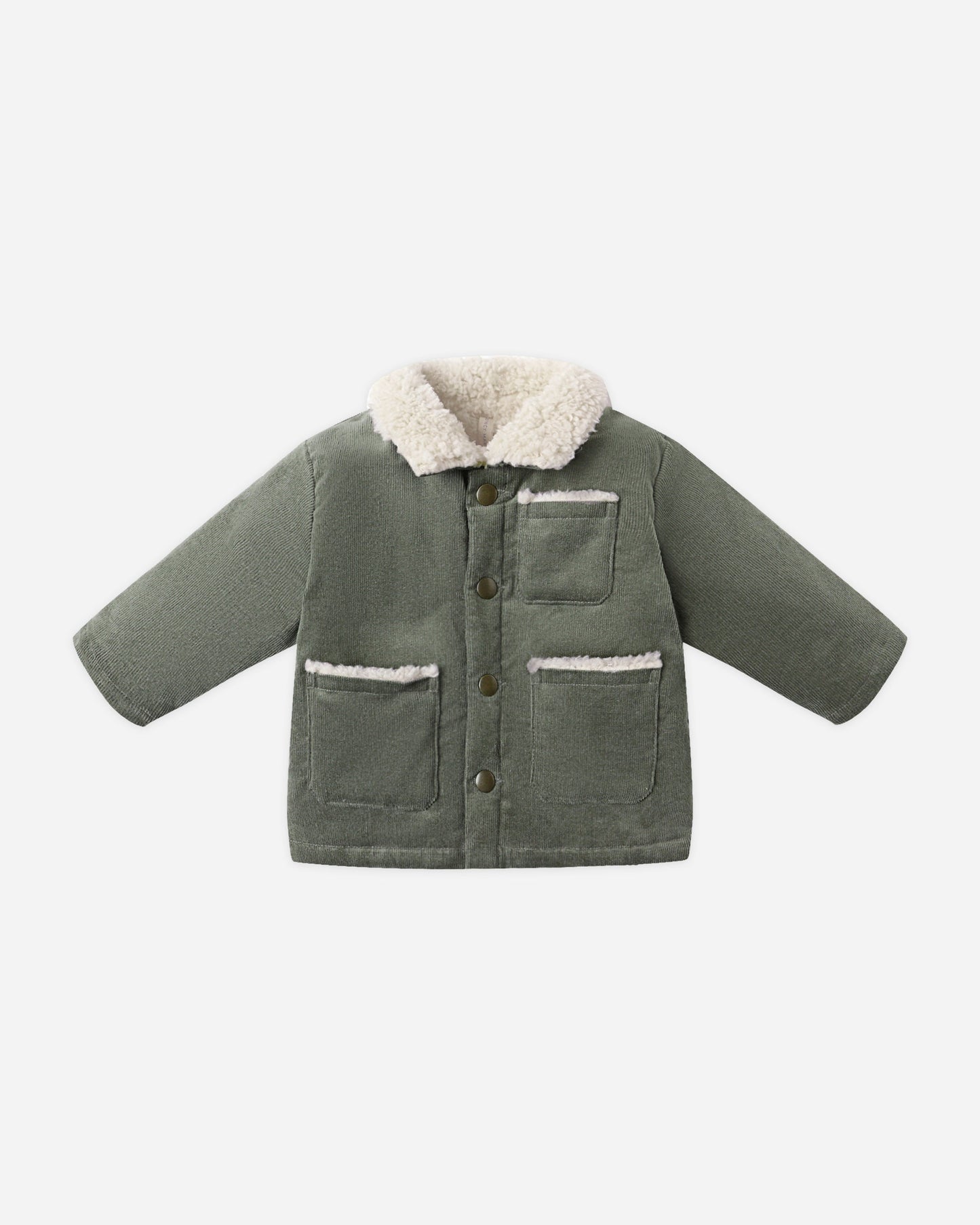 Green children's jacket with white fur lining on a white background / Quincy Mae Forest Utility Jacket