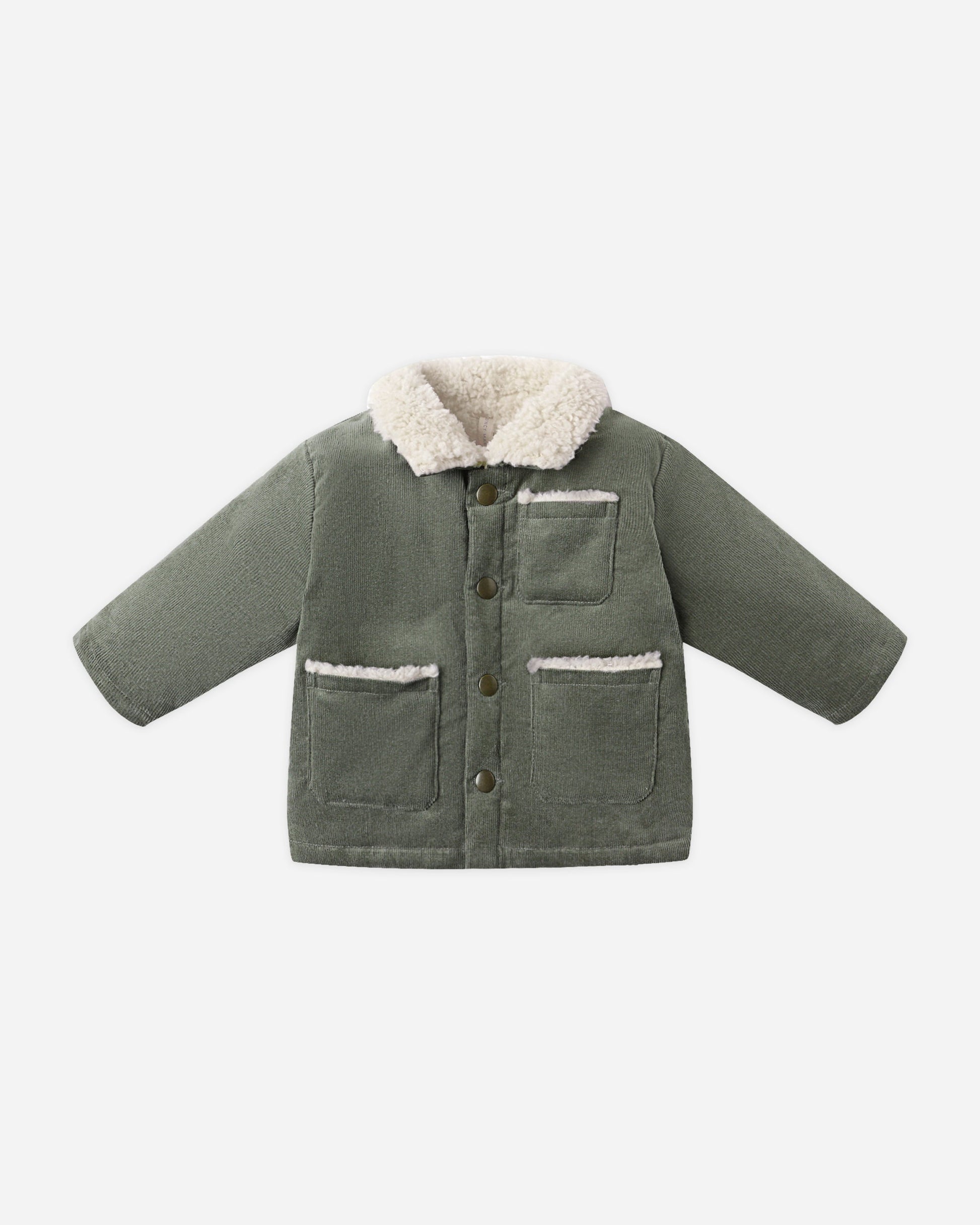 Green children's jacket with white fur lining on a white background / Quincy Mae Forest Utility Jacket