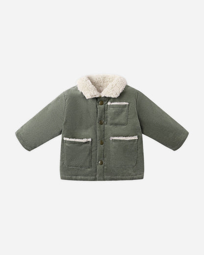 Green children's jacket with white fur lining on a white background / Quincy Mae Forest Utility Jacket