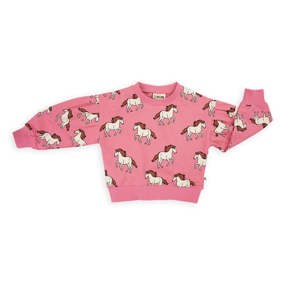 Pink based crewneck sweater with horse print made with 95% organic cotton. Ethically produced, colorful and fun with an eye towards comfort, style and joy. Modern and sustainable kids clothing by CarlijnQ of the Netherlands.