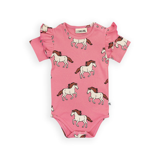 Pink based bodysuit with short sleeves, ruffle shoulders, & snaps for easy changing. Features pink & white horse print.  Ethically produced, colorful and fun with an eye towards comfort, style and joy. Modern and sustainable kids clothing by CarlijnQ of the Netherlands.