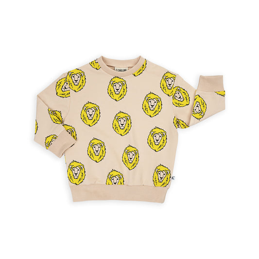 Tan crewneck sweater with a playful lion print.  Ethically produced, colorful and fun with an eye towards comfort, style and joy. Modern and sustainable kids clothing by CarlijnQ of the Netherlands.