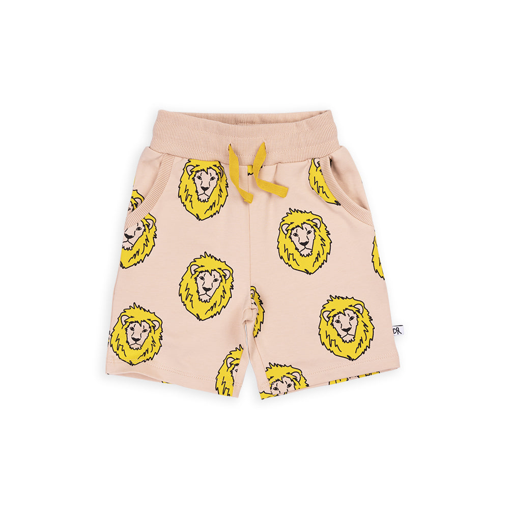 Tan based bermuda style shorts with playful lion print.  Ethically produced, colorful and fun with an eye towards comfort, style and joy. Modern and sustainable kids clothing by CarlijnQ of the Netherlands.